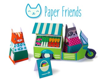 DIY papercraft kit, green market playset, pdf paper toy, Instant Download