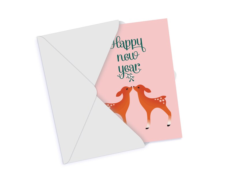 May include: A pink card with the text "Happy New Year" in green script. Two orange deer are kissing on the card.