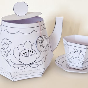 Printable papercraft kit, floral teaset, DIY paper toy, coloring craft image 3