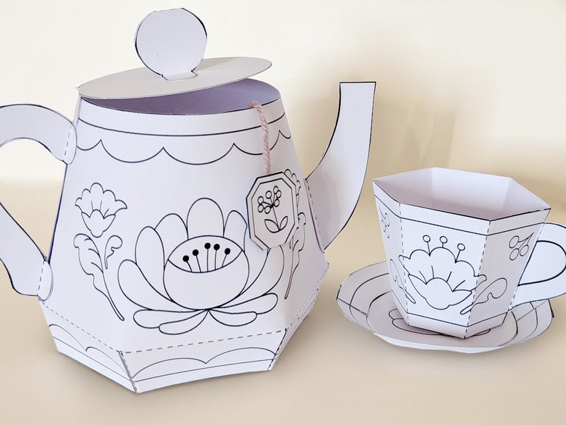 Printable papercraft kit, floral teaset, DIY paper toy, coloring craft image 3