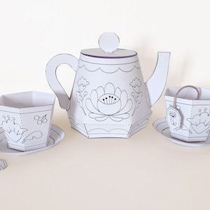 Printable papercraft kit, floral teaset, DIY paper toy, coloring craft image 1