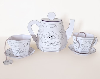 Printable papercraft kit, floral teaset, DIY paper toy, coloring craft