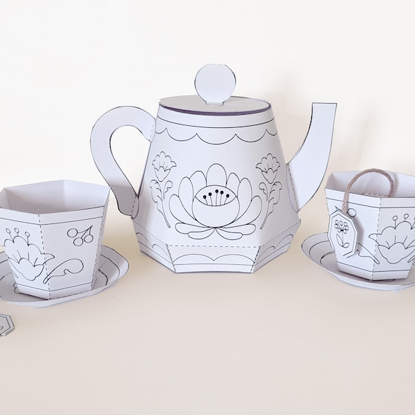 Printable papercraft kit, floral teaset, DIY paper toy, coloring craft