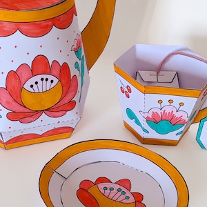 Printable papercraft kit, floral teaset, DIY paper toy, coloring craft image 5
