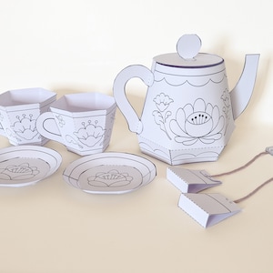 Printable papercraft kit, floral teaset, DIY paper toy, coloring craft image 2