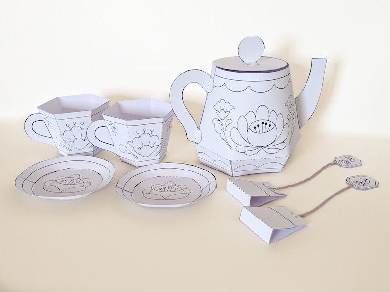 Printable papercraft kit, floral teaset, DIY paper toy, coloring craft image 2