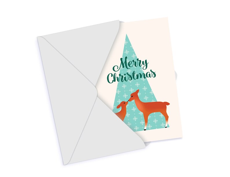 May include: A Christmas card with a green and white snowflake pattern. The card features two deer kissing in front of a stylized Christmas tree. The text "Merry Christmas" is written in green cursive.