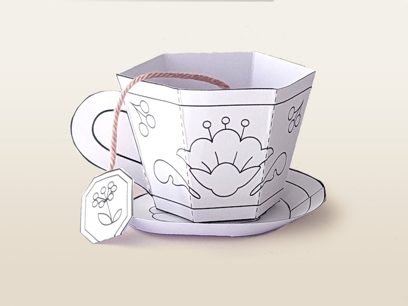 Printable papercraft kit, floral teaset, DIY paper toy, coloring craft image 4