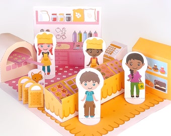 DIY paper toy Cookie shop playset DIY papercraft kit Paper doll house Pdf papertoy Instant download Printable paper toy DIY pretend play