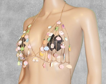 CUTIE PIE Charmed Rave Bikini Top & Bottom Set Body Harness - Gold Chain, Charms, Rave Outfit, Chained Bikini, Kawaii, Anime