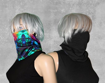 Reversible Fractal Ninja Face Mask - spandex & bamboo fabric, stretchy, adjustable, handmade, dust mask, festival clothing