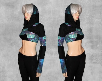 Patchwork Bamboo Long Sleeve Micro Cropped Top // Custom, Handmade in US, Eco-Friendly Fashion, Festival Wear