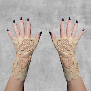 Lace Wrist Cuffs - Handcrafted in Denver, CO - Arm Warmers, Cropped Sleeves, Beige, Formal