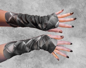 Shadow Thumb Hole Arm Cuffs - Handcrafted in Denver, CO & Ready to Ship - Arm Wrist Warmers, Cropped Sleeves, Cosplay, Geometric, Grayscale
