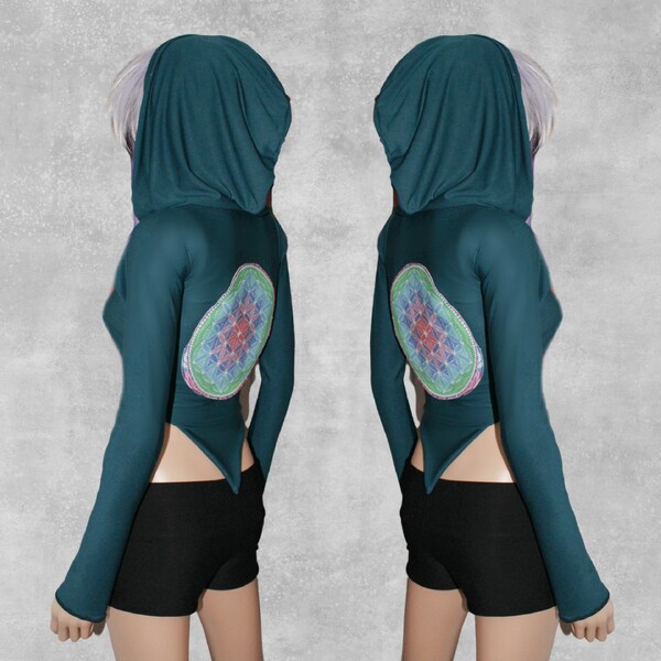 Pixie Cropped Long Sleeve Top with Mandala // Custom, Handmade in US, Eco-Friendly Fashion, Festival Wear