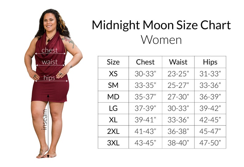 Puede incluir: Tabla de tallas para ropa de mujer con medidas en pulgadas para el pecho, la cintura y las caderas. Las tallas incluyen XS, SM, MD, LG, XL, 2XL y 3XL.