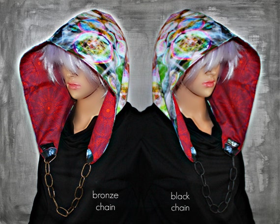 Colorful festival hood with chain festival hood with chain, one of a kind hood, hippie hood  main image 2