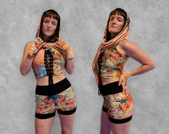 Lucidity Lace-Up Full Festival Outfit in Medium - Crop Tank, Pocket Shorts, & Wrist Cuffs - Handmade, ONE OF ONE