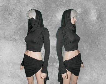 WANDERER Bamboo Long Sleeve Crop Top with Ninja Mask & Thumbholes Option - Custom, Handmade in US, Handmade Clothing, Festival Wear