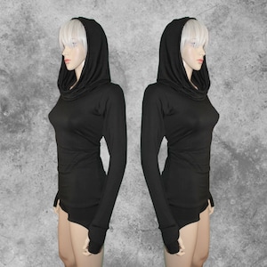Bamboo Long Sleeve Top with Optional Thumbholes & Ninja Mask - Custom, Handmade in US, Eco-Friendly Festival Hooded Long Sleeve Shirt