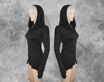 Bamboo Long Sleeve Top with Optional Thumbholes & Ninja Mask - Custom, Handmade in US, Eco-Friendly Festival Hooded Long Sleeve Shirt
