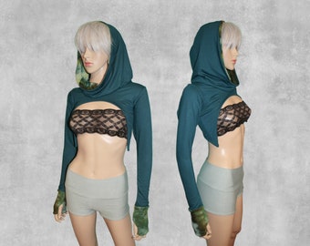 SLAYER Hand Dyed Bamboo Hooded Long Sleeve Shrug in Small - Ready to Ship - Handmade in Denver, CO - sustainable, tie dye, thumb holes, hood