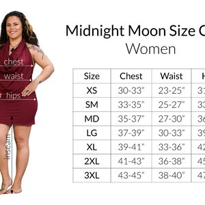 May include: Size chart for women's clothing with measurements in inches for chest, waist, and hips. Sizes include XS, SM, MD, LG, XL, 2XL, and 3XL.