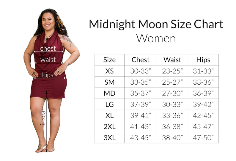 May include: Size chart for women's clothing with measurements in inches for chest, waist, and hips. Sizes include XS, SM, MD, LG, XL, 2XL, and 3XL.