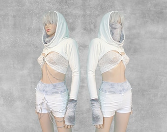 Custom Bamboo Outfit Hand-Dyed - One Of A Kind Hooded Long Sleeve Shrug with Thumbholes, Mask, Chains, & Shorts - Handmade in Denver, CO