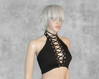 Lace-Up Halter Bamboo Crop Halter Top - Custom, Handmade in US, Eco-Friendly Fashion, Festival Wear