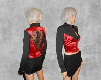 Medium Lace Heart Crop Zip Up Jacket in Red Black Satin -ONE of a KIND - Ready to Ship!