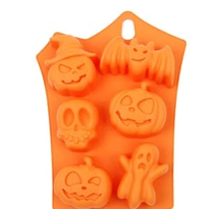 Halloween Silicone Great for Baking, Candles, Wax Tarts or Soap Making. 6 Cavities - Pumpkin, Ghost, Bat, Skull Halloween Silicone Mold