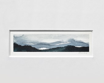 blue gallery wall modern mini painting simple mountains teal gray abstract sky original Small Watercolor Landscape Painting
