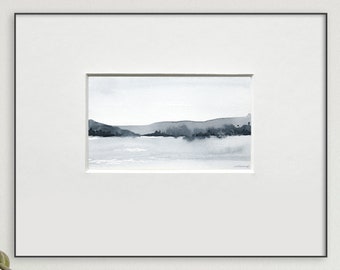blue gallery wall modern mini painting simple mountains teal gray abstract sky original Small Watercolor Landscape Painting