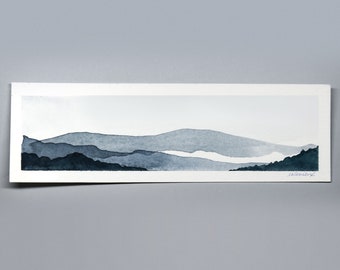 blue gallery wall modern mini painting simple mountains teal gray abstract sky original Small Watercolor Landscape Painting