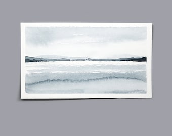 blue gallery wall modern mini painting simple mountains teal gray abstract sky original Small Watercolor Landscape Painting