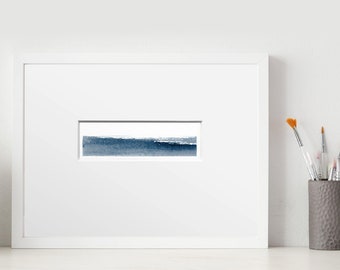 blue gallery wall modern mini painting simple mountains teal gray abstract sky original Small Watercolor Landscape Painting