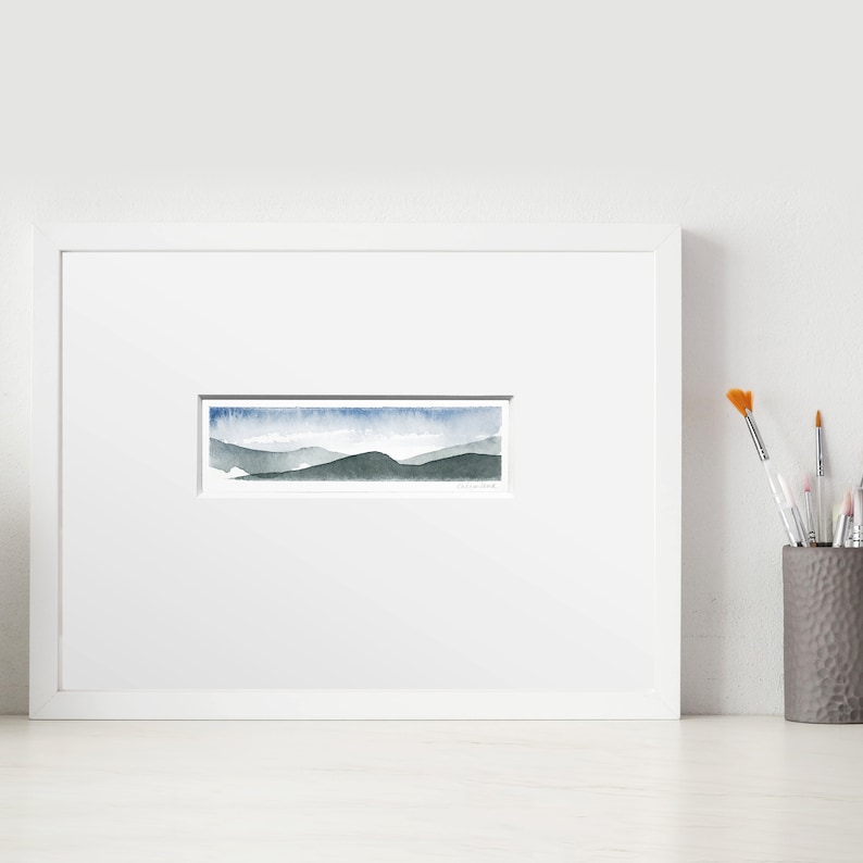blue gallery wall modern mini painting simple mountains teal gray abstract sky original Small Watercolor Landscape Painting