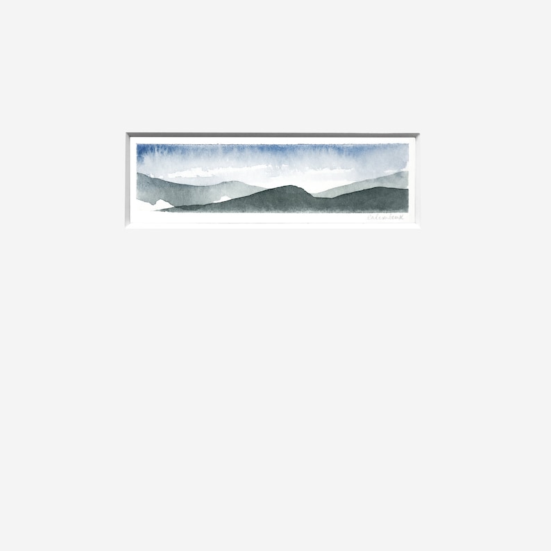 blue gallery wall modern mini painting simple mountains teal gray abstract sky original Small Watercolor Landscape Painting