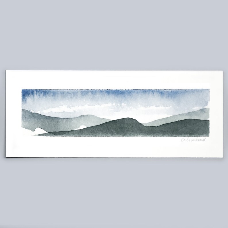blue gallery wall modern mini painting simple mountains teal gray abstract sky original Small Watercolor Landscape Painting