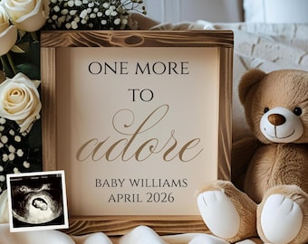 One More to Adore Pregnancy Announcement Digital, Neutral Social Media Baby Reveal, Teddy Bear Baby Announcement, Editable Canva Template