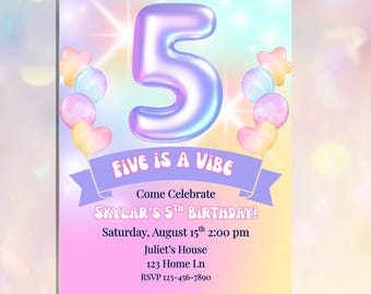 Pastel Rainbow 5th Birthday Invitation: Editable Fifth Digital Invite, Girls Birthday Printable, Instant Download