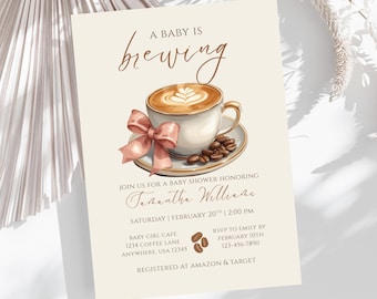 Kaffee-Babyparty-Einladung, Baby braut Babyparty-Digital-Einladung, rosa Schleifen-Kaffee-Einladung, Mädchen-Babyparty, bearbeitbare Canva-Vorlage