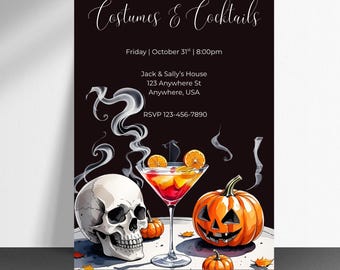 May include: A Halloween-themed invitation with the text "Costumes & Cocktails". The design features a skull, a cocktail, and a carved pumpkin. The invitation includes event details: date, time, location, and RSVP information.
