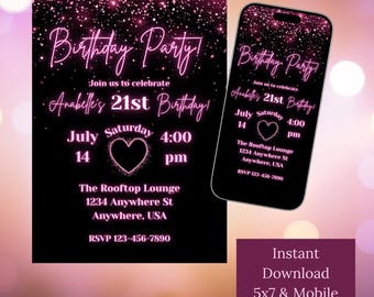 Pink Glitter Birthday Invitation, Girls Glitter Birthday Digital Invite, Pink and Black, Girls Birthday Invitation, Editable Canva Template