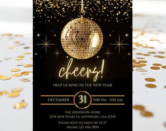 New Year’s Eve Party Invitation, Editable Cheers Digital Invite, Gold Disco Ball Printable, Instant Download