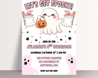 May include: A Halloween-themed invitation with the text "LET'S GET SPOOKY!" and "JULIANA'S 5TH BIRTHDAY!" features cartoon ghosts, a pumpkin, stars, and the event details. The invitation is in pink, orange, and black.