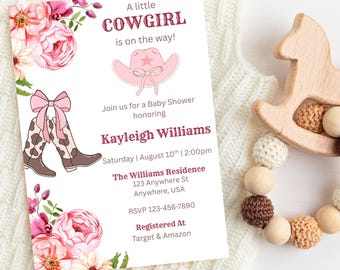 Cowgirl babyshower uitnodiging, roze western babyshower digitale uitnodiging, bloemen cowgirl laarzen, bewerkbare canvas sjabloon