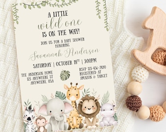 Wild One Baby Shower Invitation: Safari Animals, Editable Neutral Template, Digital Download, Printable