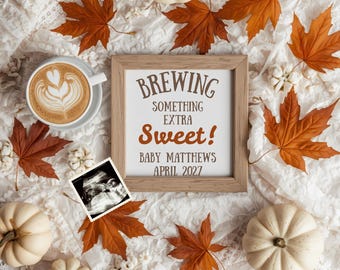 Coffee Pregnancy Announcement Digital, Fall Baby Announcement, Editable Template, Neutral Social Media Baby Reveal, Brewing Something Sweet
